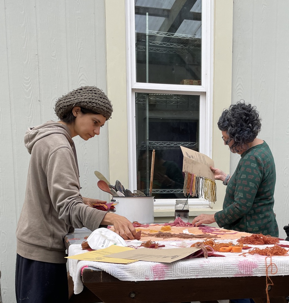 two women sorting wool dye samples