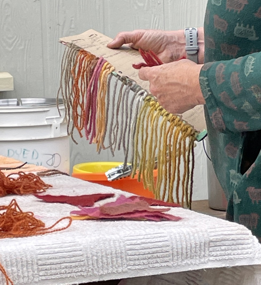 women making identification card of wool dye samples